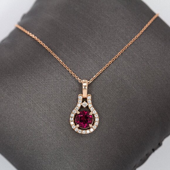 Rubellite Tourmaline Pendant in Solid 14K Gold with Natural Diamond Accents - Picture 3 of 11